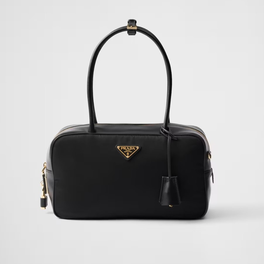 PRADA 프라다 자물쇠 미디엄 리나일론 가죽 탑 핸들백 1BB132
