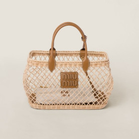 MIUMIU 미우미우 가죽 트리밍 우븐 패브릭 핸드백 5BA285