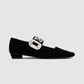 ROGER VIVIER 로저비비에 여성용 크리스탈 벨벳 메리 제인 발레 플랫 0074