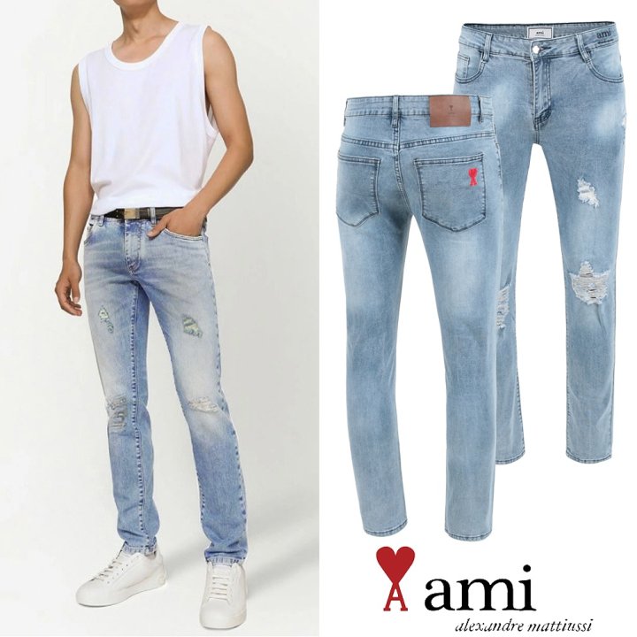 AMI 아미 드 꾀흐 레터링 데미지 워싱 슬림진