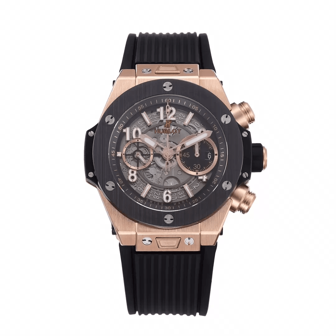 HUBLOT 위블로 빅뱅 크로노그래프 로즈골드 세라믹 베젤 블랙 러버 스트랩 44mm 421.OM.1180.RX