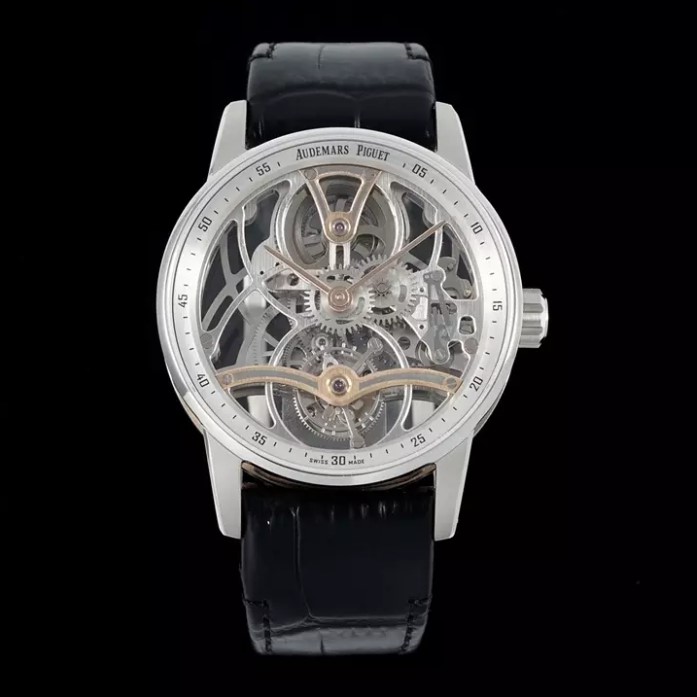 AUDEMARS PIGUET 오데마피게 코드 11.59 투르비옹 스켈레톤 실버 다이얼 스틸 블랙 가죽 스트랩 41mm 26600CR