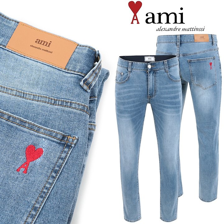 AMI 아미 드 꾀흐 자수 워싱 연청 슬림진