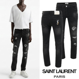  SAINT LAURENT 생로랑 레터링 골드자수 데미지 블랙 슬림진