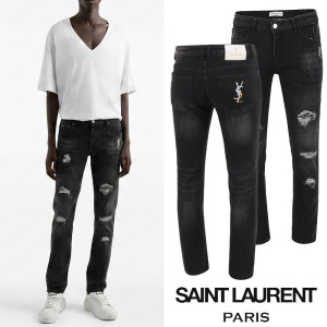  SAINT LAURENT 생로랑 레터링 골드자수 데미지 블랙 슬림진