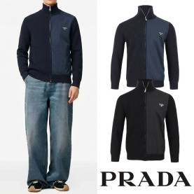 PRADA 프라다 클래식 우븐 배색 울니트 집업